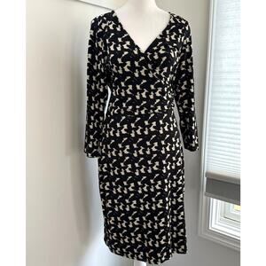 Ann Taylor Jersey Faux Wrap Black White 3/4 Sleeve Knee Stretchy Dress Medium
